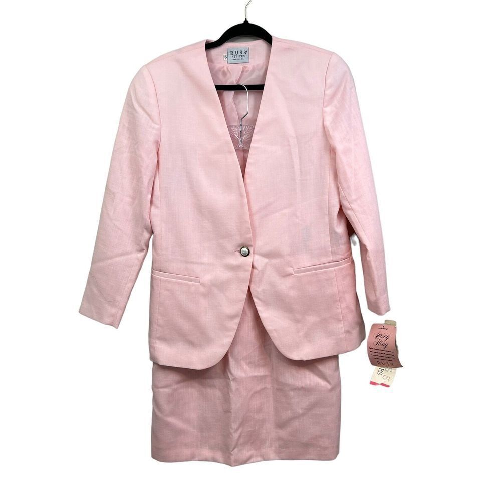 Russ Petites Womens 2 Pcs Suit Blazer and Pencil Skirt One Button Lined Pink 10
